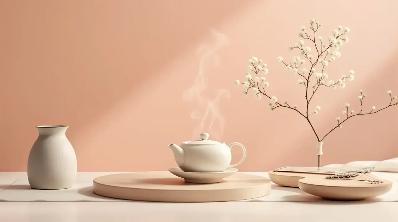 蜜桃粉茶桌上的暖茶与花瓣，吃瓜爆料首屏插画